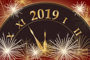 2019 clock with fireworks